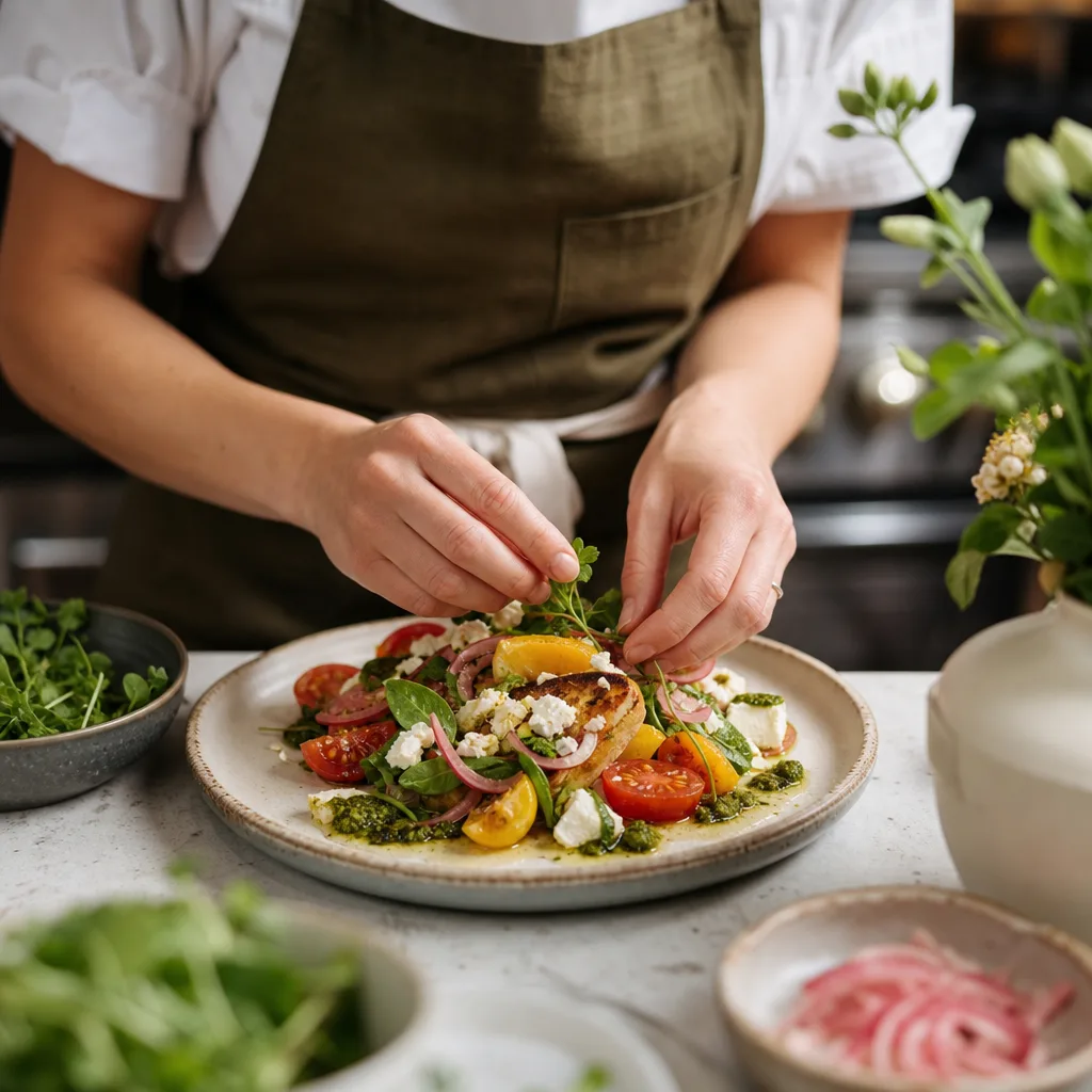 Fresh dish being plated in the kitchen