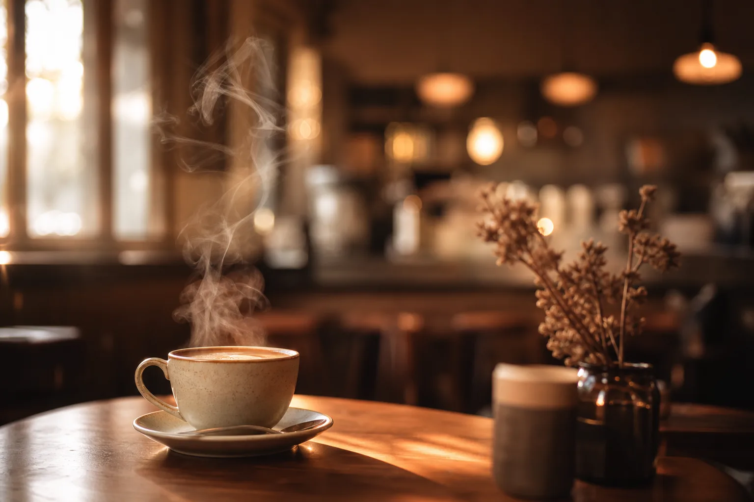 Softly lit coffee bar inviting guests to visit