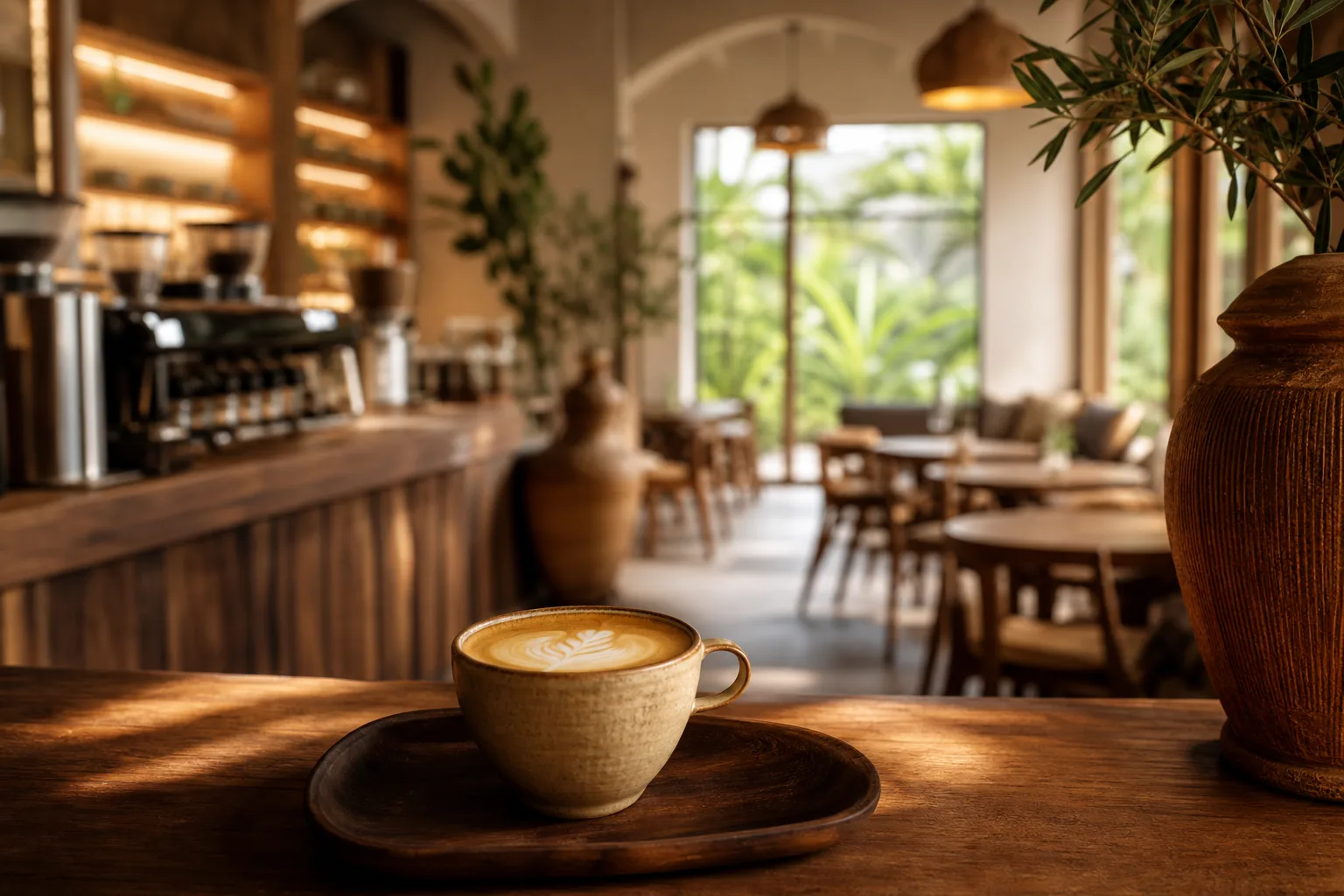 Warm café interior with handcrafted coffee — concept visual for Bloom Cafe