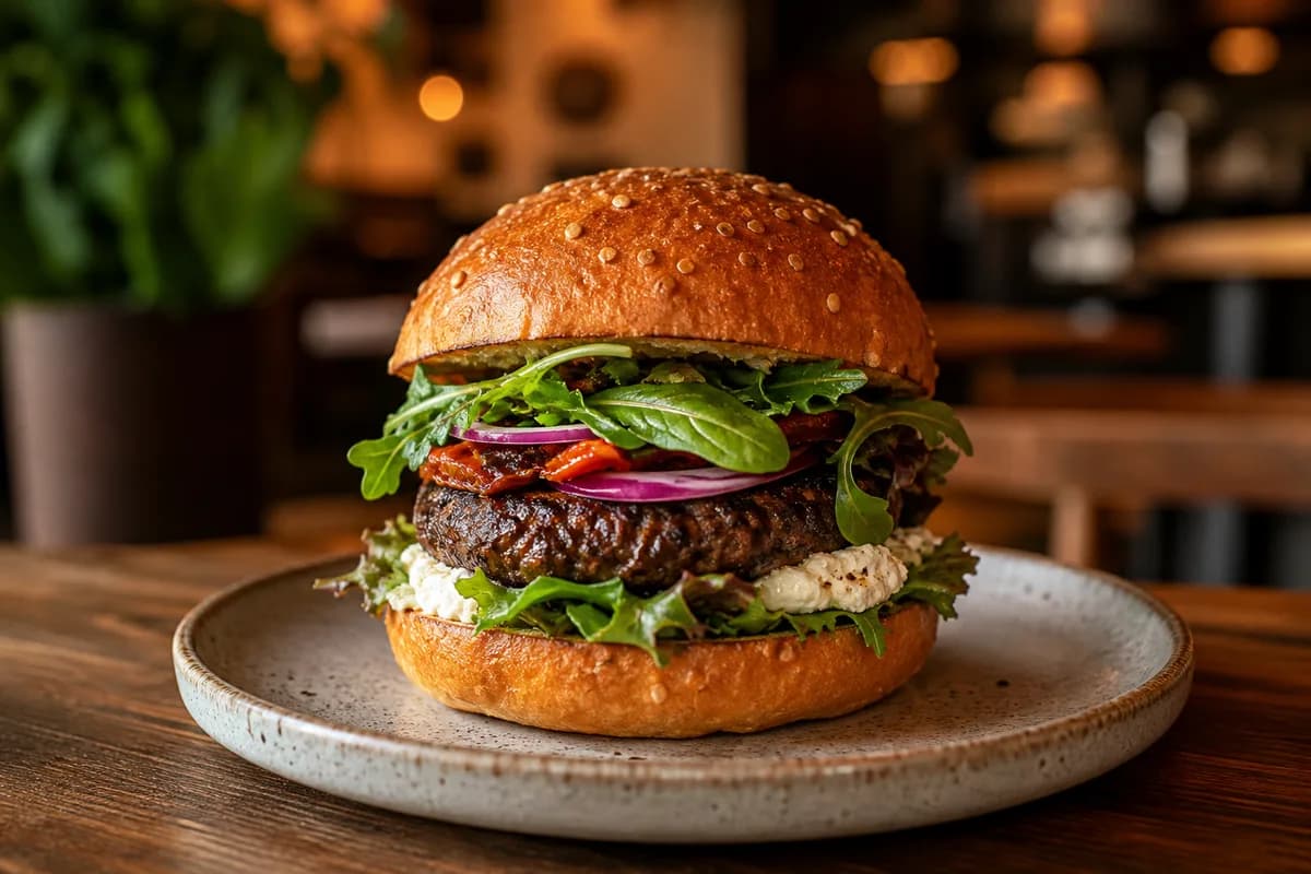 Gourmet burger on a ceramic plate