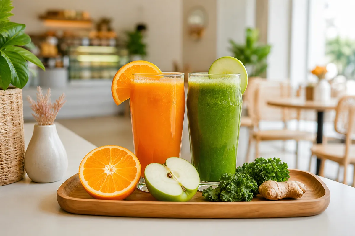 Fresh juices with fruit garnish